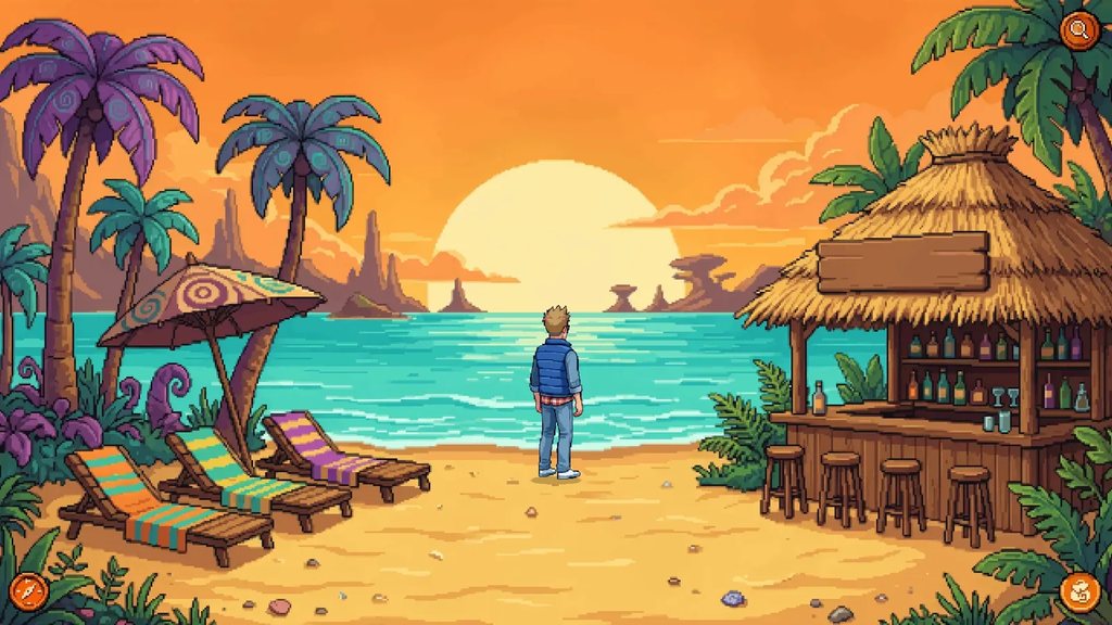 Scott Whiskers: The Search for the Bad Twin – alien beach bar at sunset