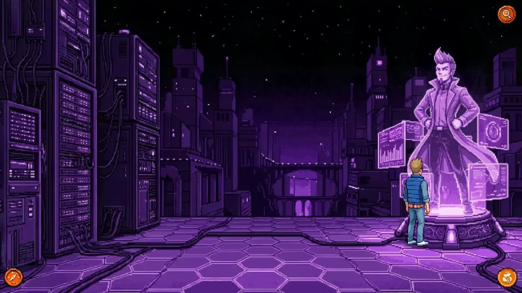 Scott Whiskers: The Search for the Bad Twin – hologram monument in a digital city